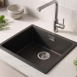 Zwarte spoelbak 40x40cm onderbouw en opbouw met rvs plug 1208956390
