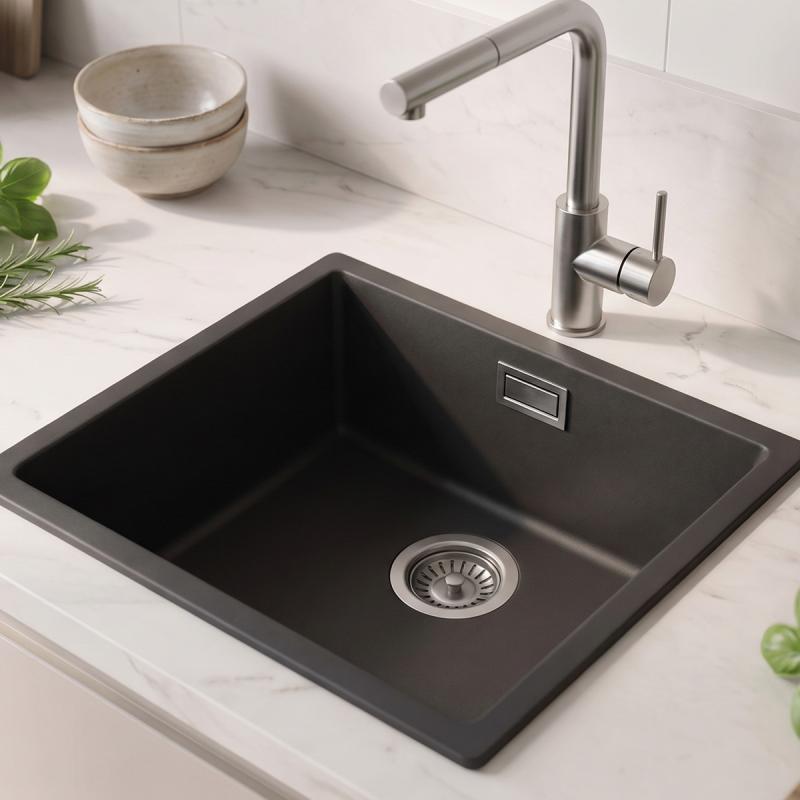 Zwarte spoelbak 40x40cm onderbouw en opbouw met rvs plug 1208956390