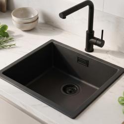 Zwarte spoelbak 40x40cm onderbouw en opbouw met zwarte plug 1208956391
