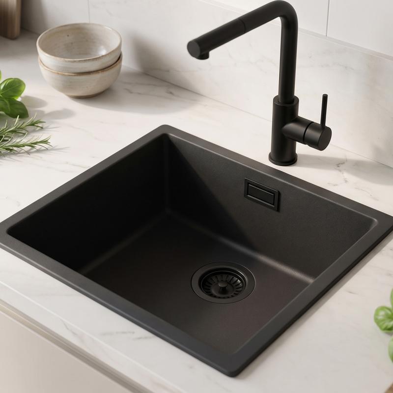 Zwarte spoelbak 40x40cm onderbouw en opbouw met zwarte plug 1208956391