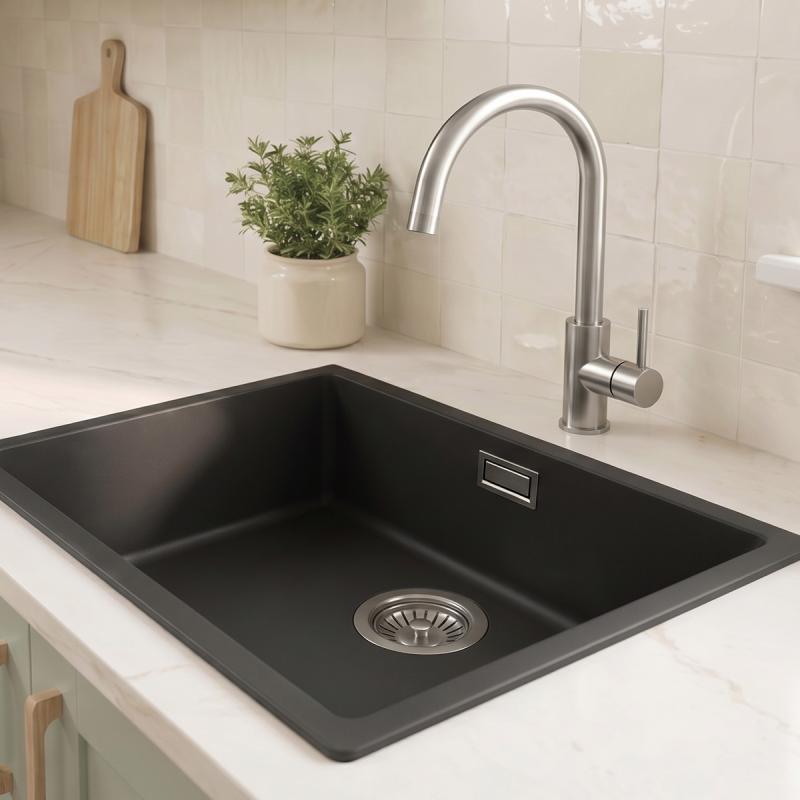 Zwarte spoelbak 50x40cm onderbouw en opbouw met rvs plug 1208956395