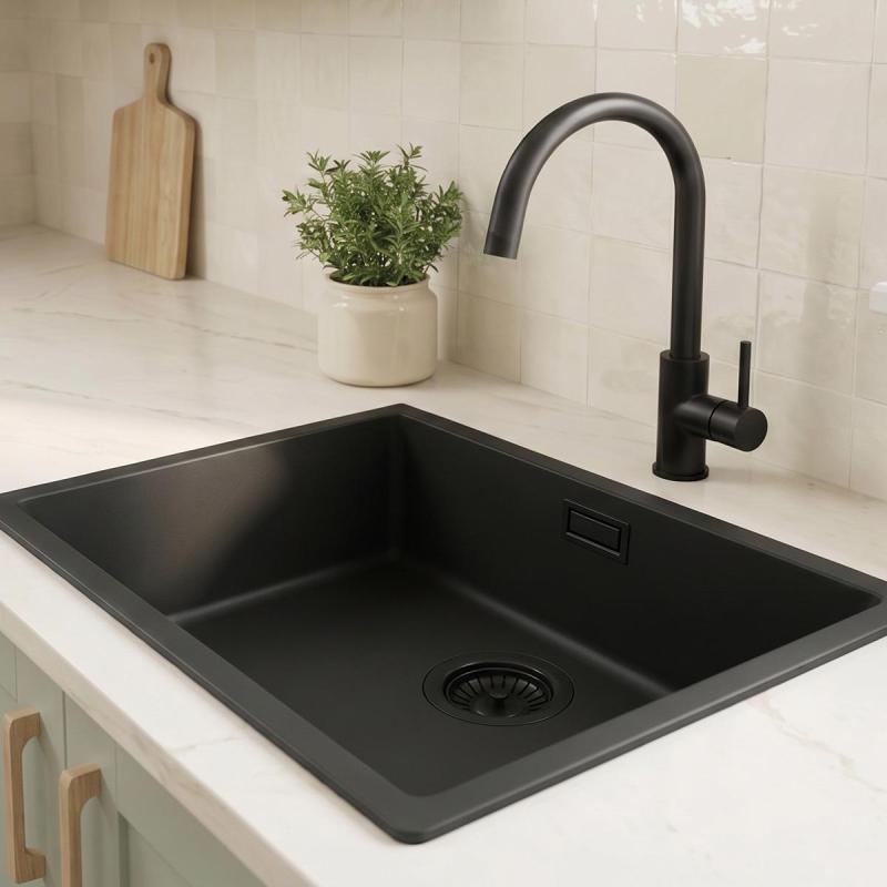 Zwarte spoelbak 50x40cm onderbouw en opbouw met zwart plug 1208956396
