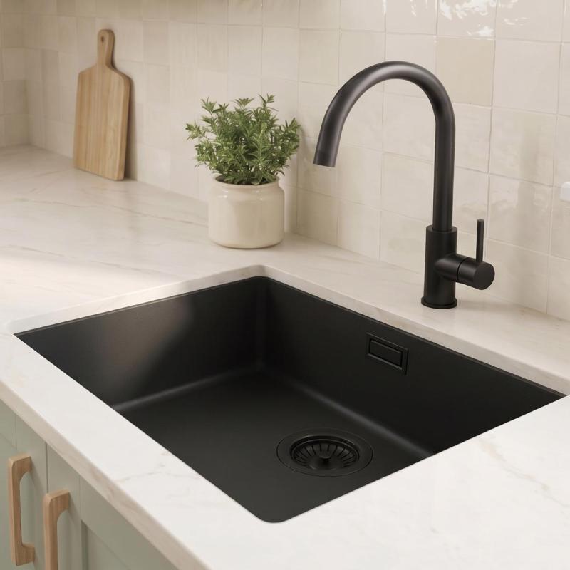 Zwarte spoelbak 50x40cm onderbouw en opbouw met zwart plug 1208956396