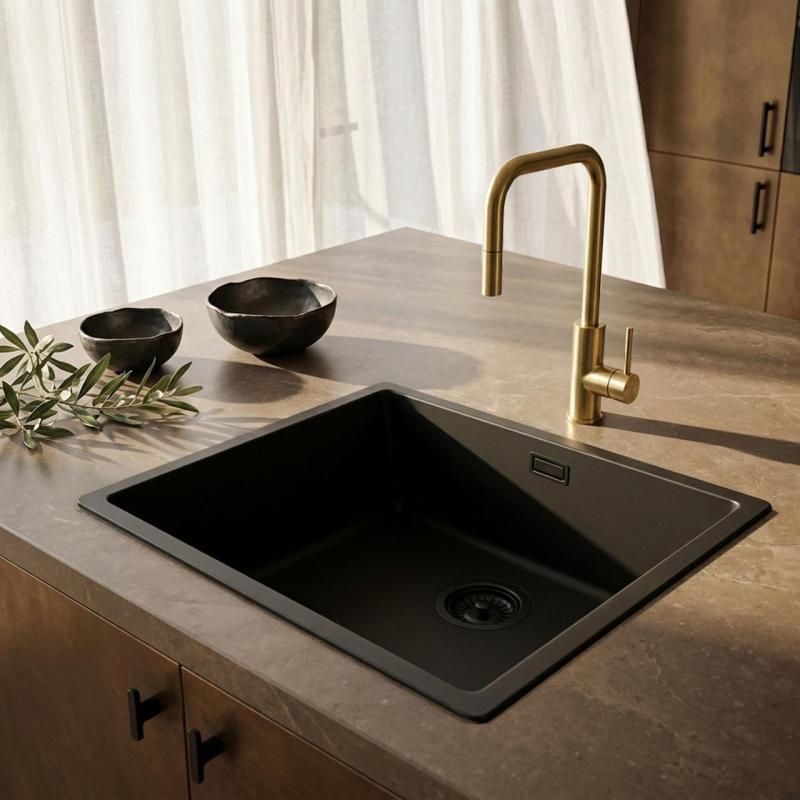 Zwarte spoelbak 50x40cm onderbouw en opbouw met zwart plug 1208956396