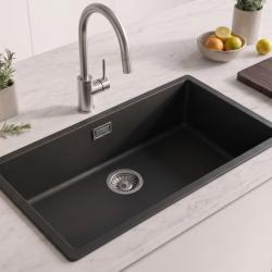 Zwarte grote spoelbak 70x40cm onderbouw en opbouw met rvs plug 1208956400