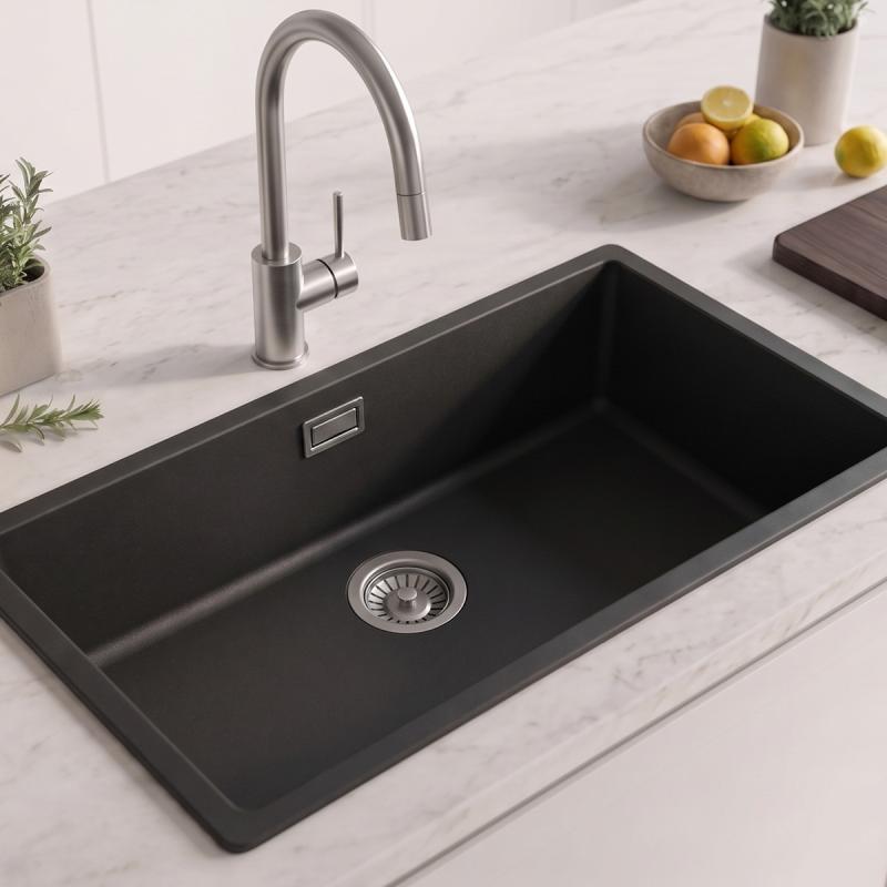 Zwarte grote spoelbak 70x40cm onderbouw en opbouw met rvs plug 1208956400