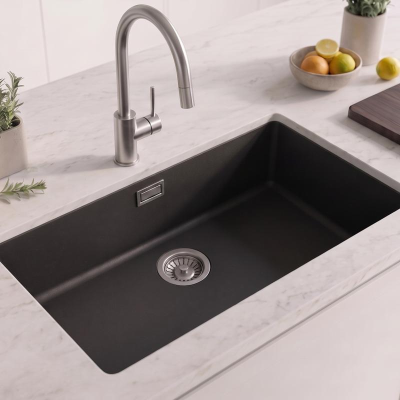 Zwarte grote spoelbak 70x40cm onderbouw en opbouw met rvs plug 1208956400