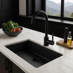 Zwarte grote spoelbak 70x40cm onderbouw en opbouw met zwart plug 1208956401