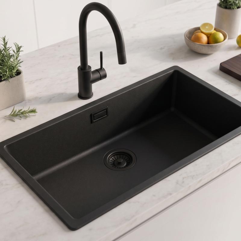 Zwarte grote spoelbak 70x40cm onderbouw en opbouw met zwart plug 1208956401