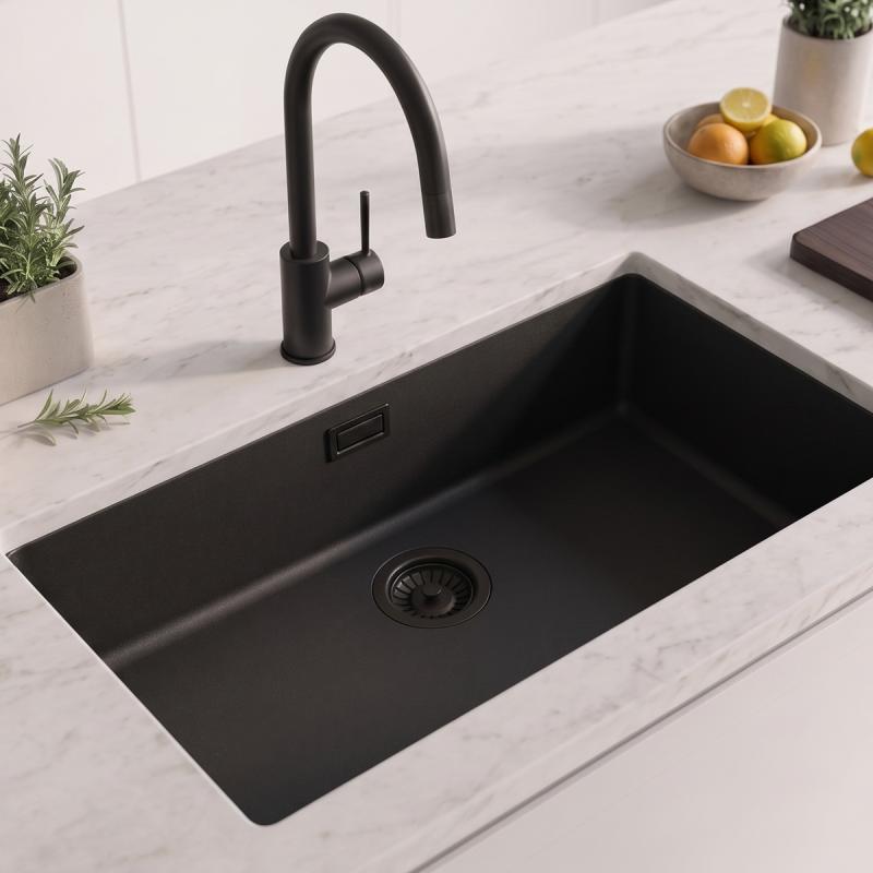 Zwarte grote spoelbak 70x40cm onderbouw en opbouw met zwart plug 1208956401