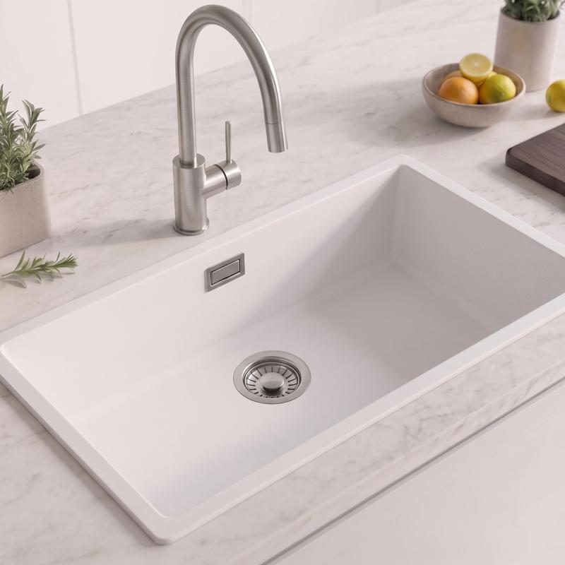 Witte grote spoelbak 70x40cm onderbouw en opbouw met rvs plug 1208956402