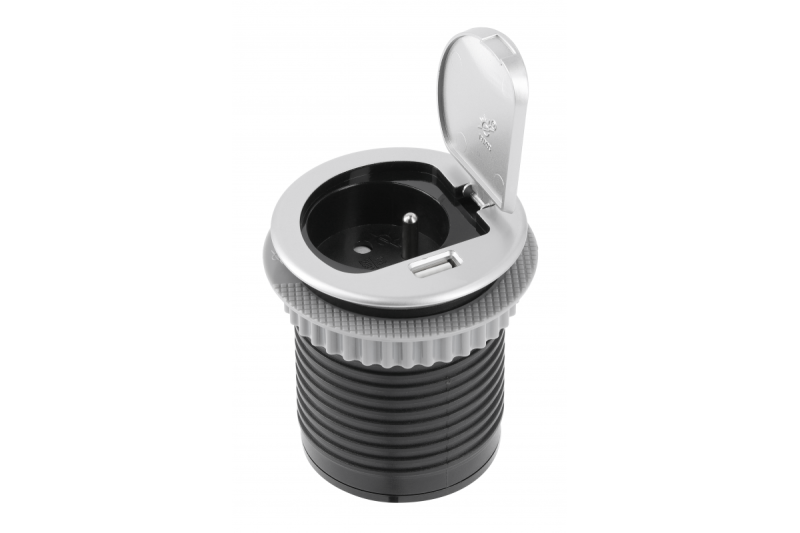 Indux Charger Mini inbouw stopcontact zilver 1x penaarde Type E + USB-A 2,1A 3600W Ø60 mm