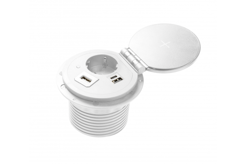 Indux Charger Plus inbouw stopcontact wit 1x randaarde Type F + USB-A & USB-C + draadloos laden 5W Ø80 mm