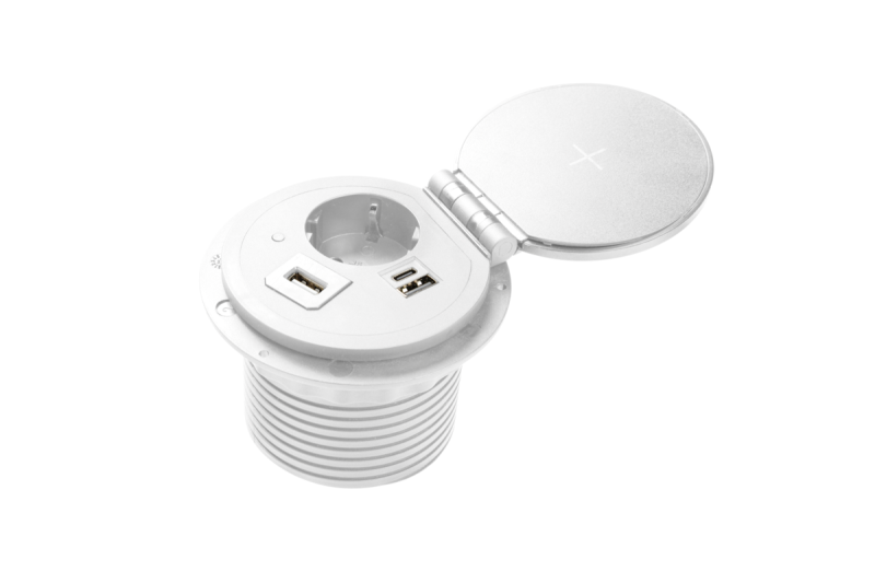 Indux Charger Plus inbouw stopcontact wit 1x randaarde Type F + USB-A & USB-C + draadloos laden 5W Ø80 mm