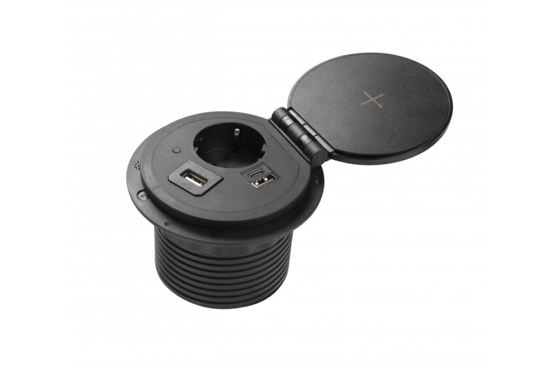Indux Charger Plus inbouw stopcontact zwart 1x randaarde Type F + USB-A & USB-C + draadloos laden 5W Ø80 mm