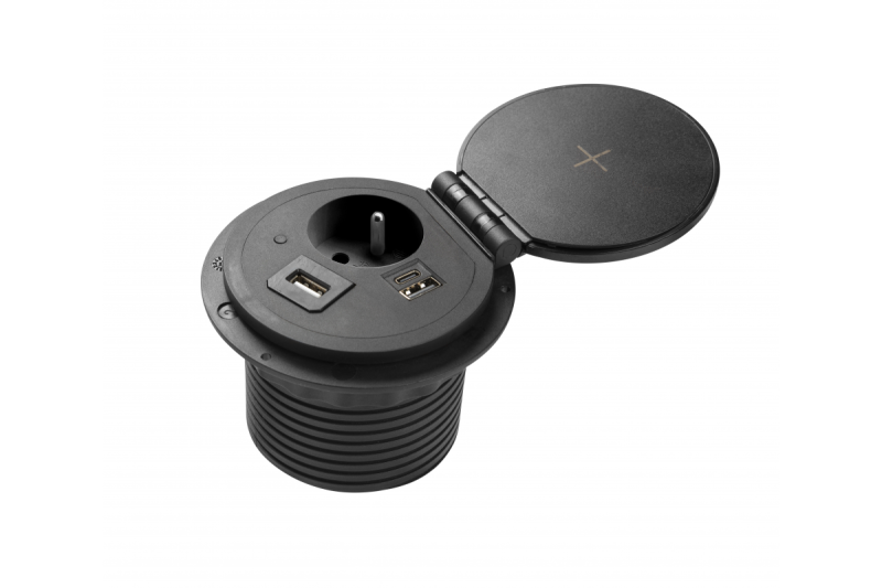 Indux Charger Plus inbouw stopcontact zwart 1x penaarde Type E + USB-A & USB-C + HDMI + RJ45 + draadloos laden 5W