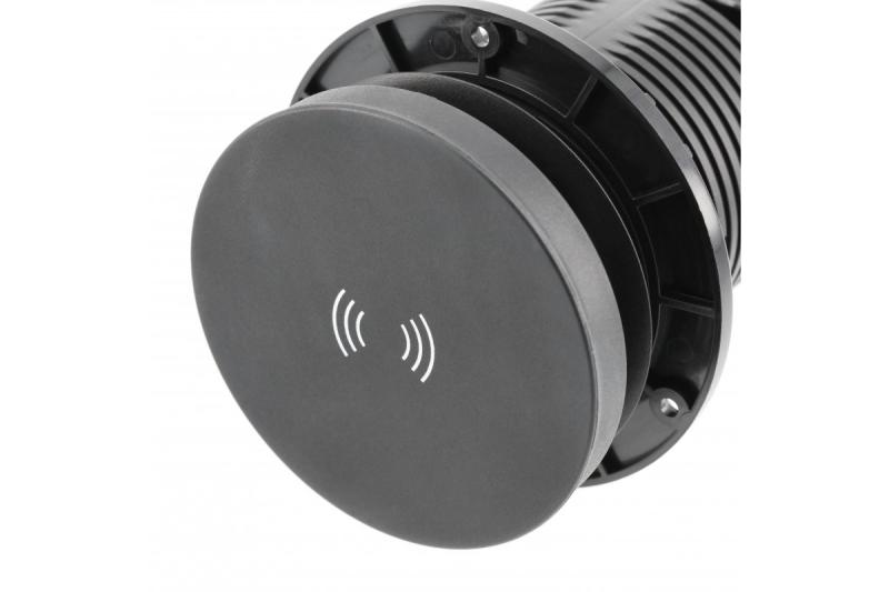Indux Camino uitschuifbaar stopcontact zwart 2x randaarde Type F + USB-A & USB-C + draadloos laden 10W Ø80 mm