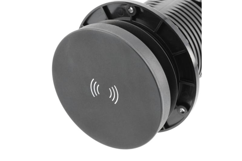 Indux Camino uitschuifbaar stopcontact zwart 2x randaarde Type F + USB-A & USB-C + draadloos laden 10W Ø80 mm