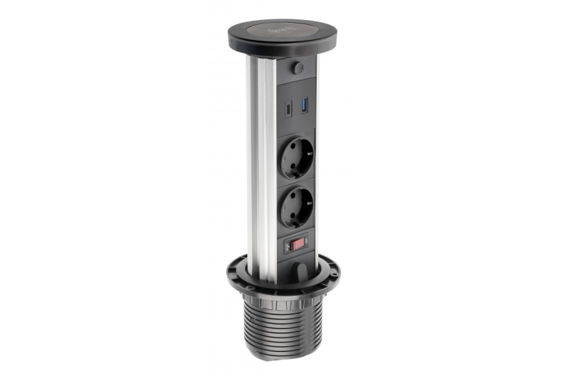 Indux Camino uitschuifbaar stopcontact zwart 2x randaarde Type F + USB-A & USB-C + draadloos laden 10W Ø80 mm