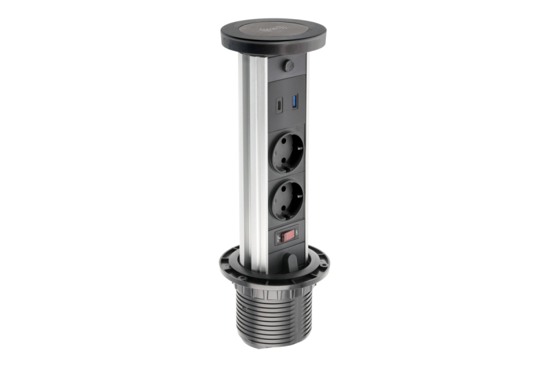 Indux Camino uitschuifbaar stopcontact zwart 2x randaarde Type F + USB-A & USB-C + draadloos laden 10W Ø80 mm