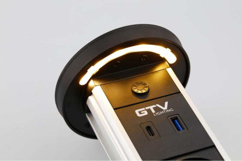 Indux Camino uitschuifbaar stopcontact zwart 2x penaarde Type E + USB-A & USB-C + draadloos laden 10W Ø80 mm