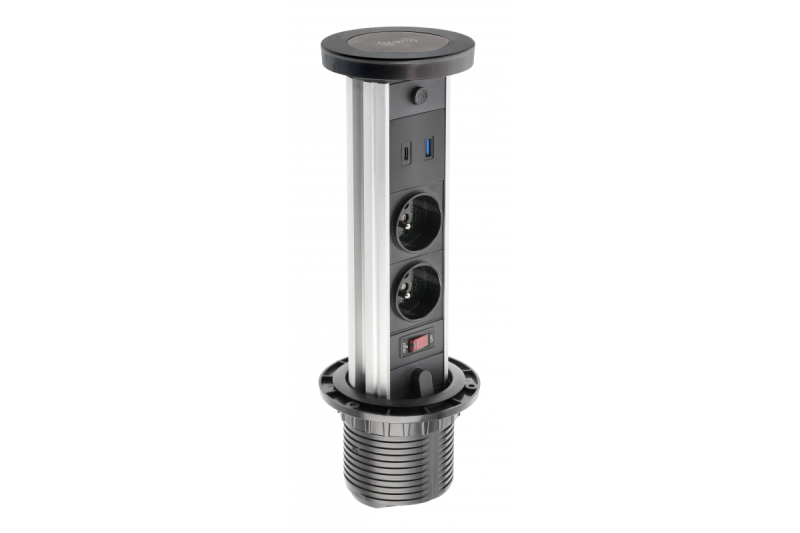Indux Camino uitschuifbaar stopcontact zwart 2x penaarde Type E + USB-A & USB-C + draadloos laden 10W Ø80 mm
