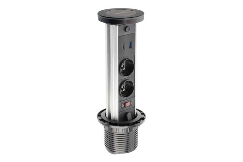 Indux Camino uitschuifbaar stopcontact zwart 2x penaarde Type E + USB-A & USB-C + draadloos laden 10W Ø80 mm