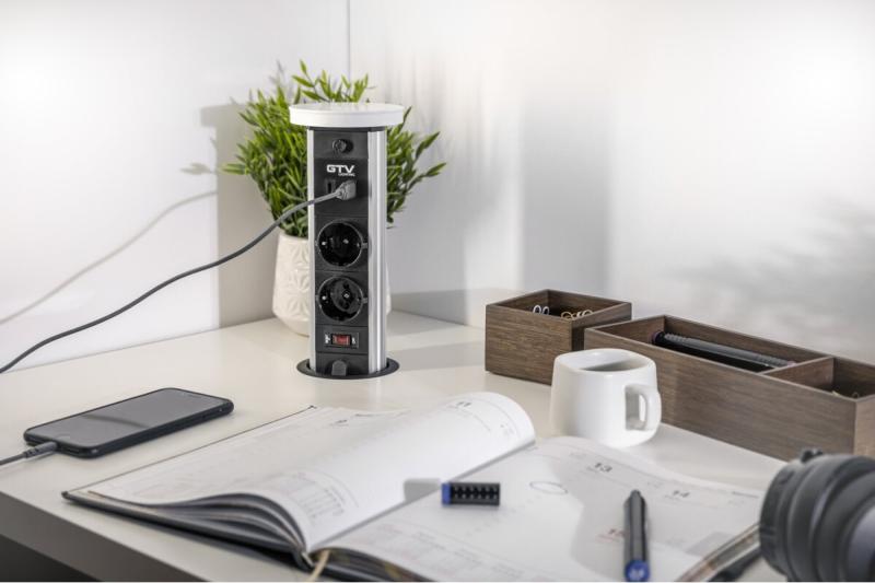 Indux Camino uitschuifbaar stopcontact zwart 2x penaarde Type E + USB-A & USB-C + draadloos laden 10W Ø80 mm