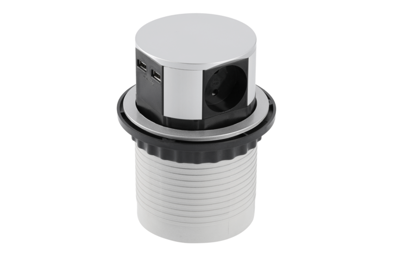 Indux Comfort uitschuifbaar stopcontact aluminium 3x randaarde Type F + 2x USB-A 2,4A 3600W Ø100 mm