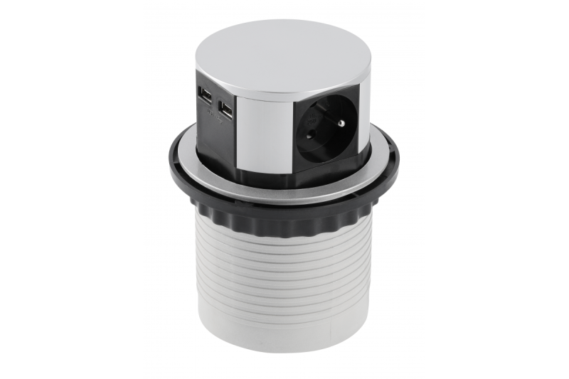 Indux Comfort uitschuifbaar stopcontact aluminium 3x penaarde Type E + 2x USB-A 3600W Ø100 mm