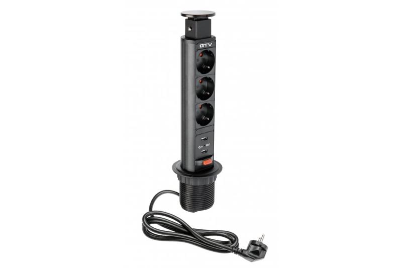 Indux Up & Down uitschuifbaar stopcontact zwart 3x randaarde Type F + 2x USB-A 2,1A 3600W Ø60 mm