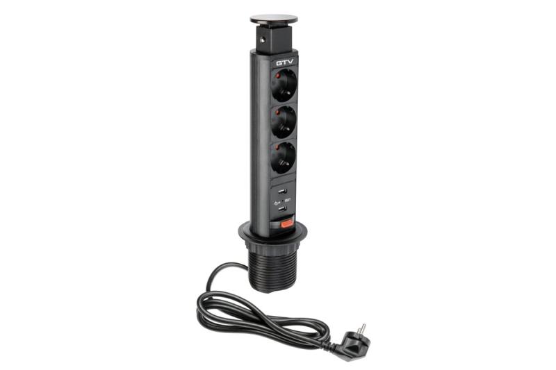 Indux Up & Down uitschuifbaar stopcontact zwart 3x randaarde Type F + 2x USB-A 2,1A 3600W Ø60 mm