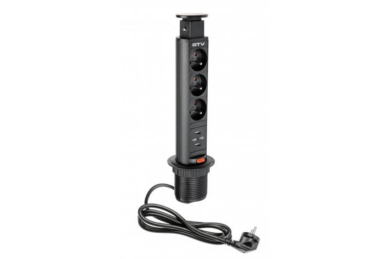Indux Up & Down uitschuifbaar stopcontact zwart 3x penaarde Type E + 2x USB-A 2,1A 3600W Ø60 mm