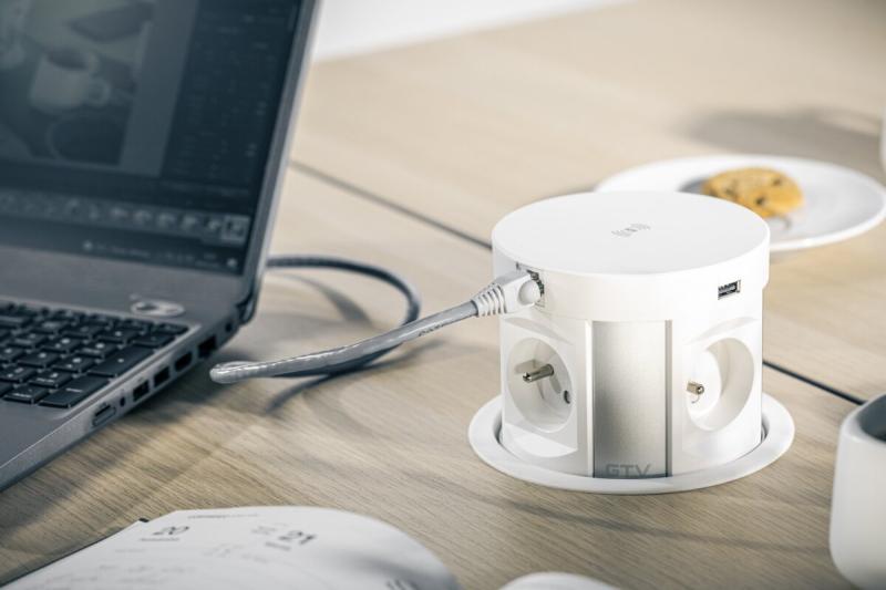 Indux Comfort Plus pop-up stopcontact wit 4x randaarde Type F + 2x USB-A 3,1A + 2x RJ45 + draadloos laden 5W