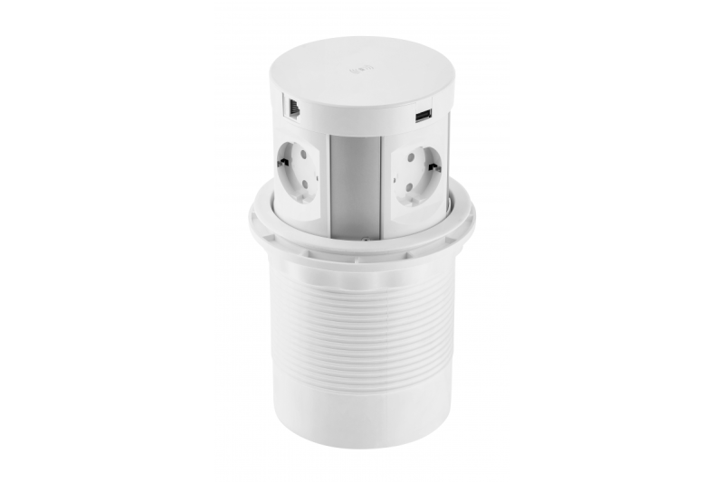 Indux Comfort Plus pop-up stopcontact wit 4x randaarde Type F + 2x USB-A 3,1A + 2x RJ45 + draadloos laden 5W