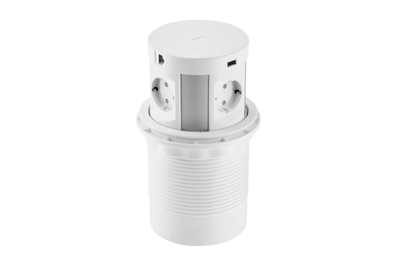 Indux Comfort Plus pop-up stopcontact wit 4x randaarde Type F + 2x USB-A 3,1A + 2x RJ45 + draadloos laden 5W