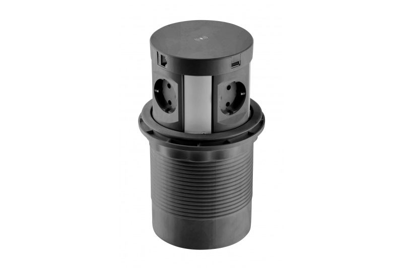 Indux Comfort Plus pop-up stopcontact zwart 4x randaarde Type F + 2x USB-A 3,1A + 2x RJ45 + draadloos laden 5W