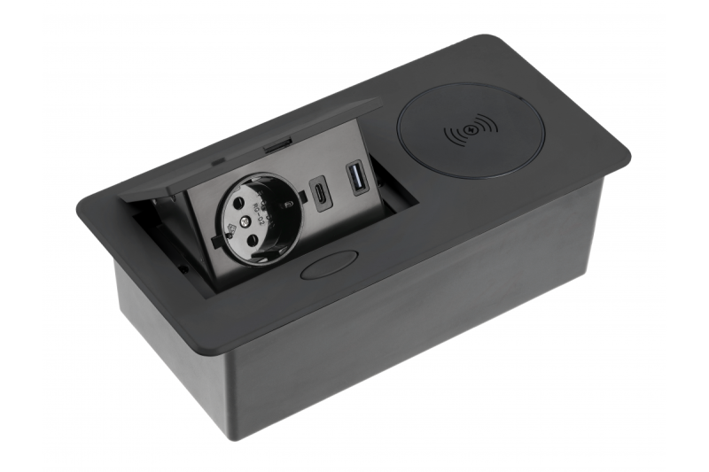 Indux Avaro Plus pop-up inbouw stopcontact zwart 1x randaarde Type F + USB-A & USB-C + draadloos laden 5W