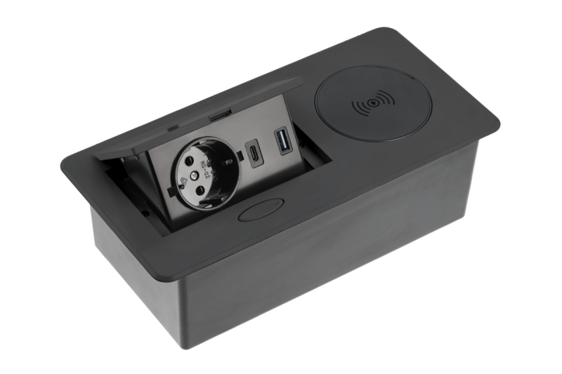 Indux Avaro Plus pop-up inbouw stopcontact zwart 1x randaarde Type F + USB-A & USB-C + draadloos laden 5W
