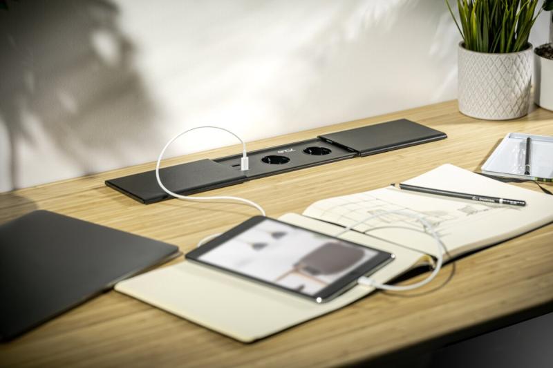 Indux Prestino inbouw bureaustopcontact zwart 2x randaarde Type F + USB-A & USB-C + HDMI + RJ45