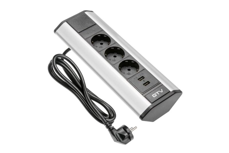 Indux Corner hoekstopcontact aluminium 3x randaarde Type F + 2x USB-A 2,1A 3600W