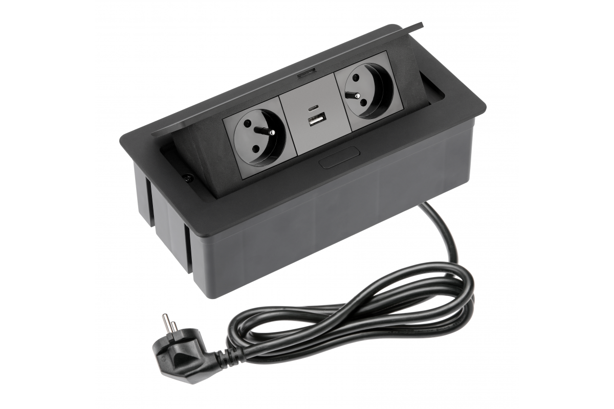 Indux Gniazdko do zabudowy SOFT czarne 2x uziemione typ E + USB-A i USB-C 3600 W
