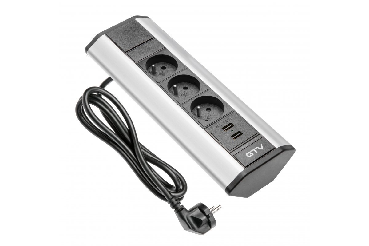 Indux Corner narożne gniazdko elektryczne srebrne 3x wtyczka z uziemieniem typu E + 2x USB-A 2,1 A 3600 W