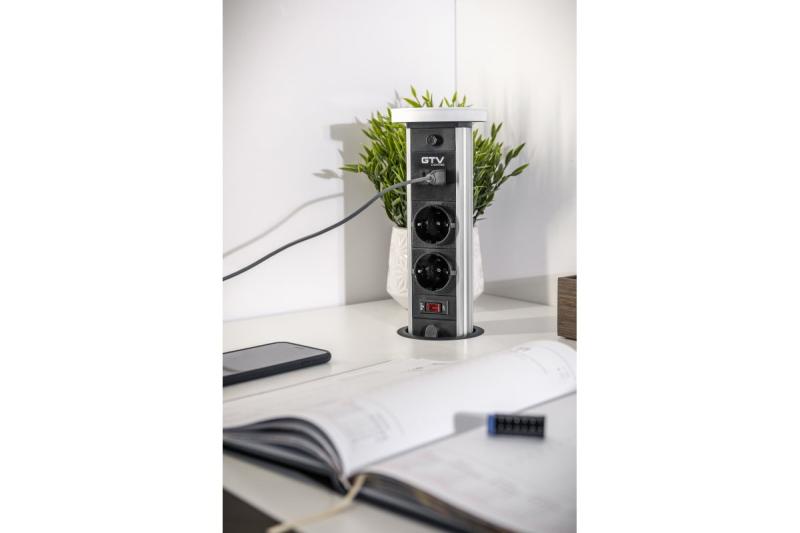 Indux Camino uitschuifbaar stopcontact wit 2x penaarde Type E + USB-A & USB-C + draadloos laden 10W Ø80 mm