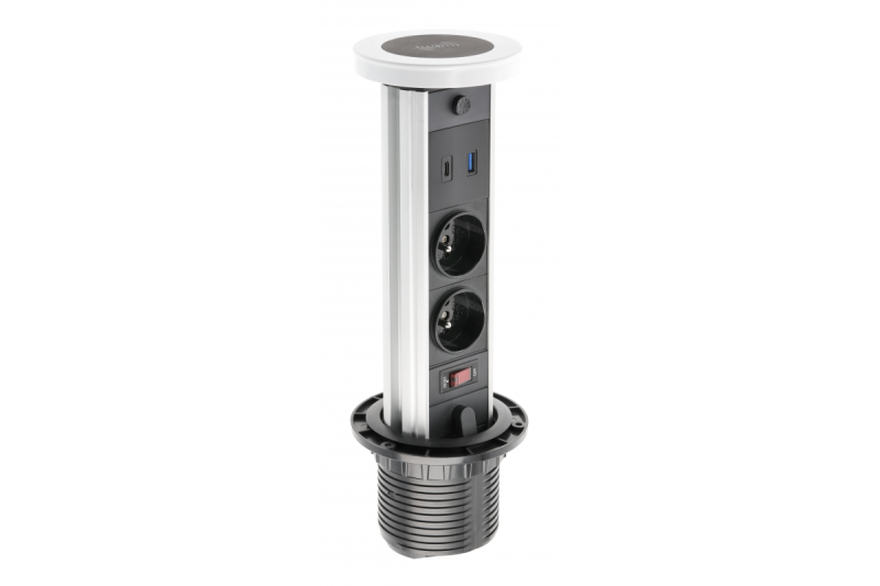 Indux Camino uitschuifbaar stopcontact wit 2x penaarde Type E + USB-A & USB-C + draadloos laden 10W Ø80 mm