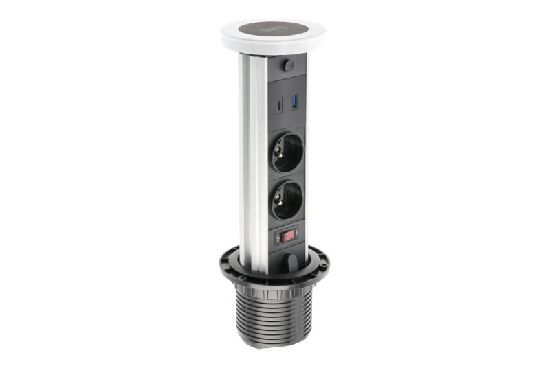 Indux Camino uitschuifbaar stopcontact wit 2x penaarde Type E + USB-A & USB-C + draadloos laden 10W Ø80 mm