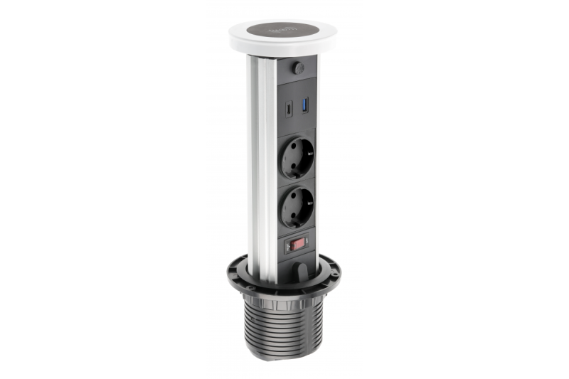 Indux Camino uitschuifbaar stopcontact wit 2x randaarde + USB-A & USB-C + draadloos laden 10W Ø80 mm