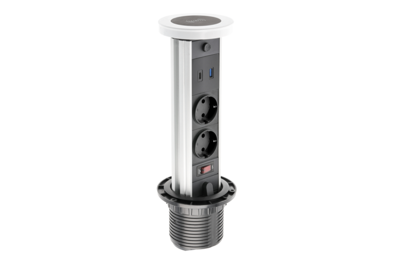 Indux Camino uitschuifbaar stopcontact wit 2x randaarde + USB-A & USB-C + draadloos laden 10W Ø80 mm