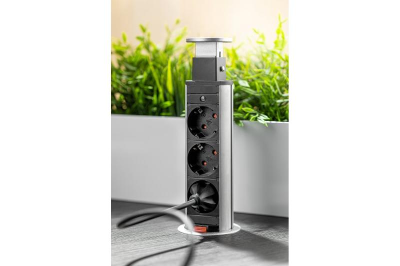 Indux Up & Down uitschuifbaar stopcontact zilver 3x randaarde Type F 3600W Ø60 mm