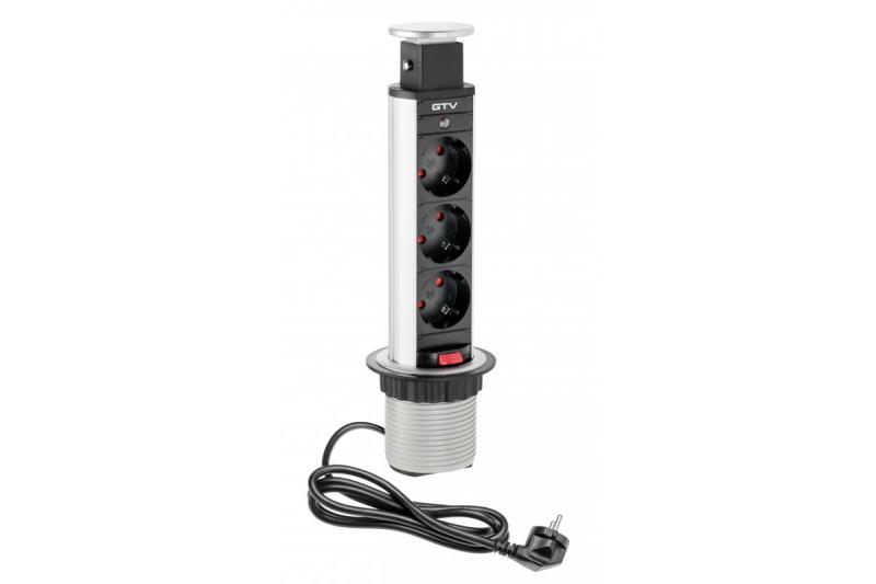 Indux Up & Down uitschuifbaar stopcontact zilver 3x randaarde Type F 3600W Ø60 mm
